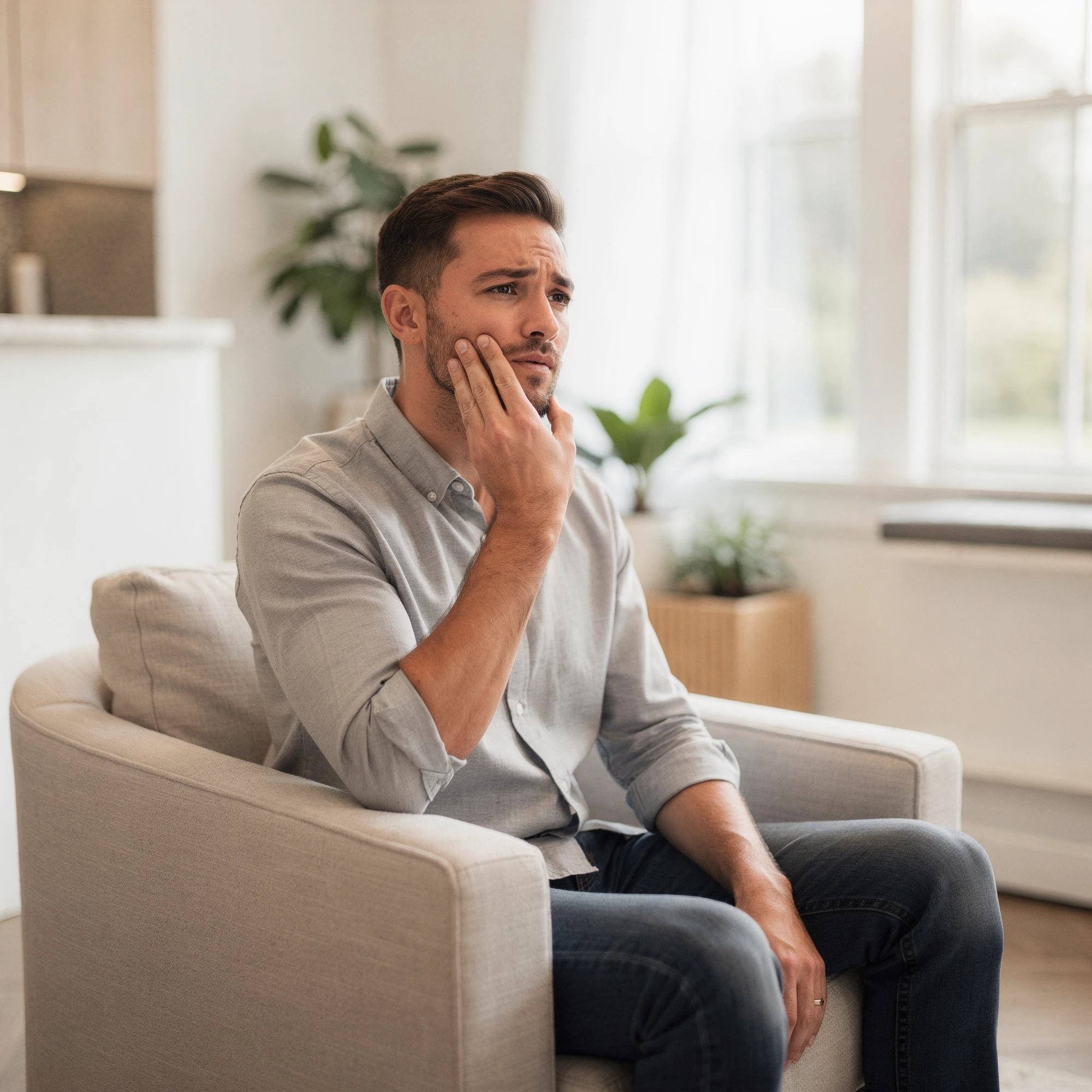 Man sitting on a couch holding his cheek in pain, indicating dental discomfort